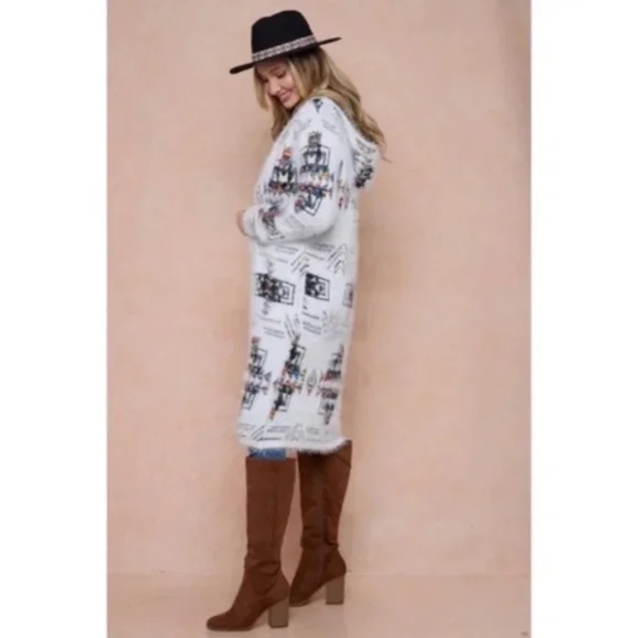 Aztec Rainbow Boho Cowichan Jacquard Eyelash Fuzzy Cardigan Knit Sweater - Picture 5 of 7